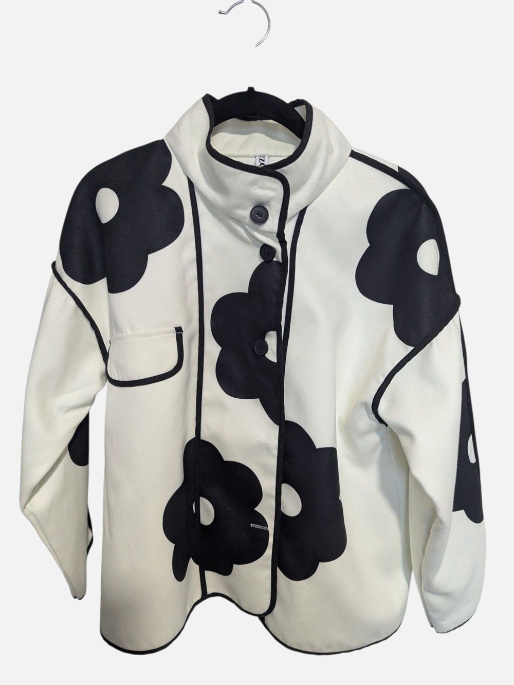 Black & White Floral Funnel Neck Oversized Jacket
